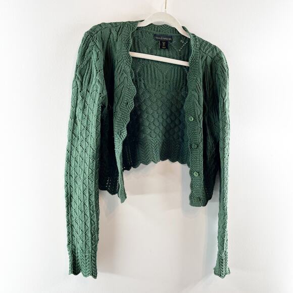 House of Harlow Long Sleeve Cropped Scalloped Cardigan Sweater Green Small - Picture 6 of 6